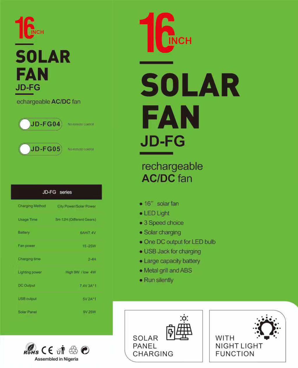 Solar fan 16" Rechargeable with Solar panel Standing Fan