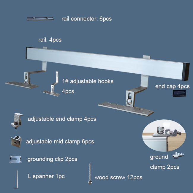 Solar Panel Mounting Bracket Kit System to Metal Roof Sloped or Flat Pitched Tile Shingle Roofs for 1-2pcs Solar Panels with End Cap Main Image