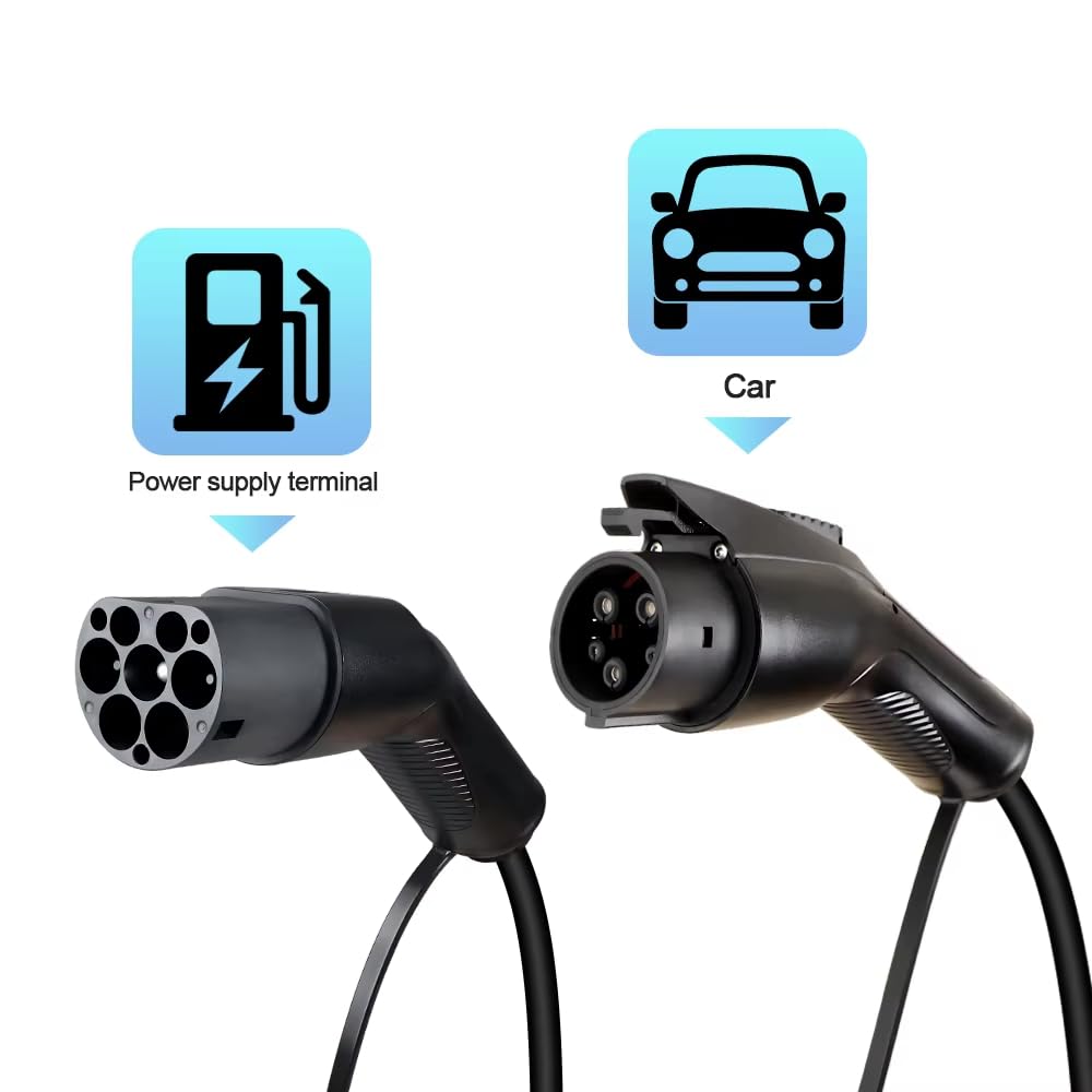 Type 2 to Type 1 EV Charging Cable, IEC 62196 Male to J1772 Female, 32A 7kW Single Phase, 110-250 VAC, 5m (16.4ft), IP67 Waterproof
