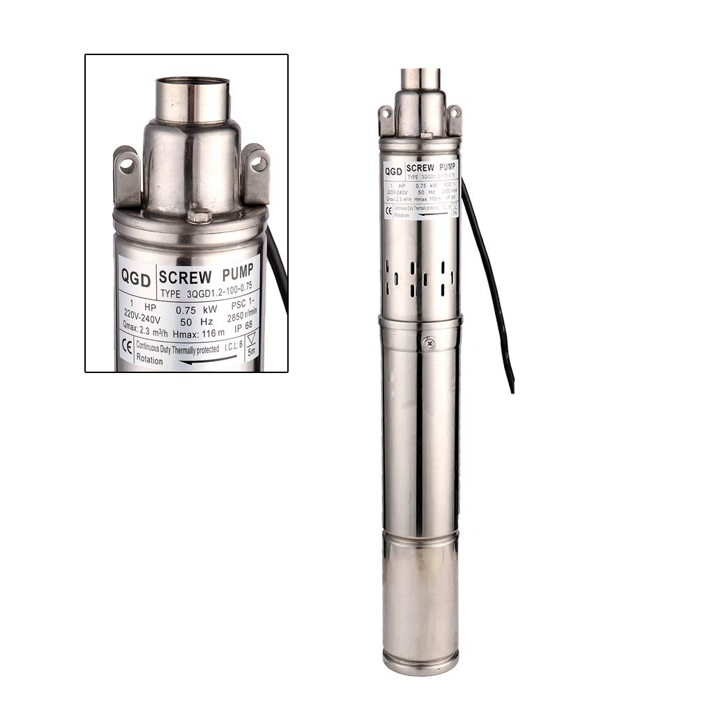 SHYLIYU 1HP 3" OD Pipe Stainless Steel Submersible Deep Well Pump 328FT 1" Outlet 0.75KW 80mm Bore Screw Water Pumps for Industrial and Home Garden Use,220V/50Hz
