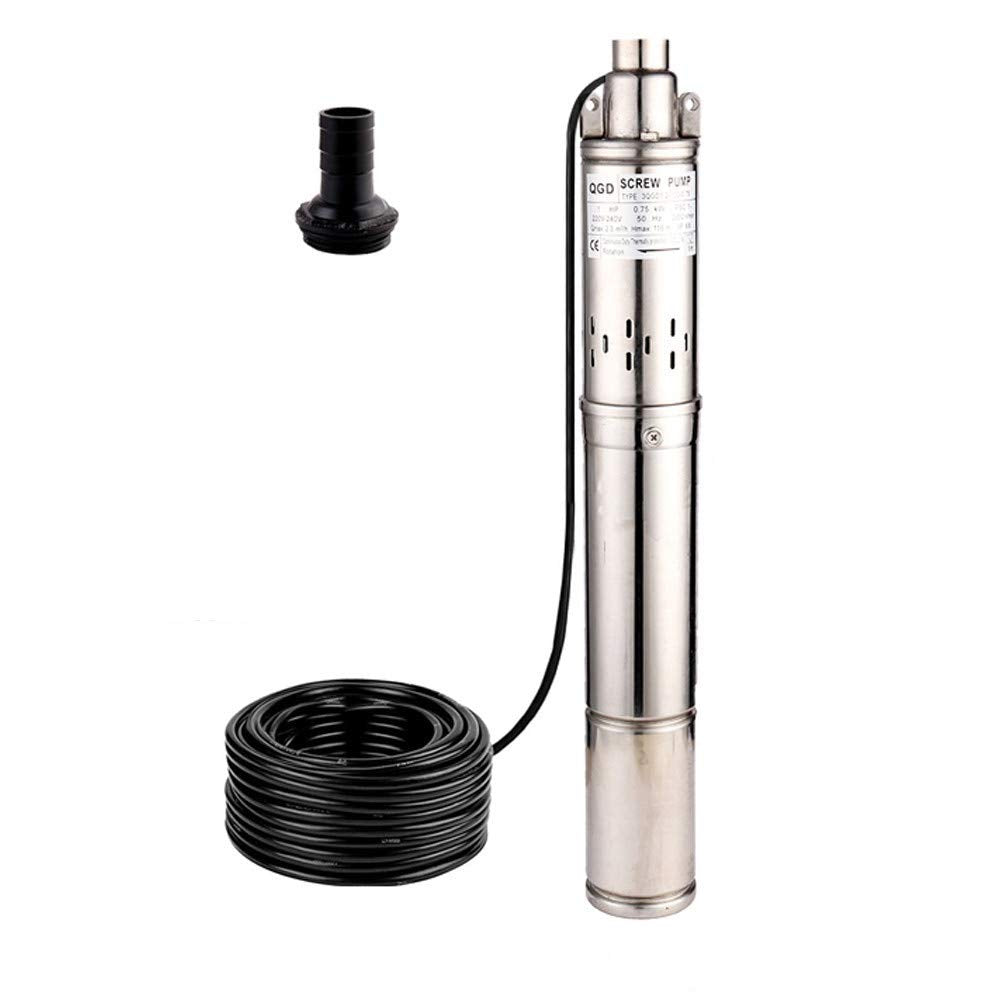 SHYLIYU 1HP 3" OD Pipe Stainless Steel Submersible Deep Well Pump 328FT 1" Outlet 0.75KW 80mm Bore Screw Water Pumps for Industrial and Home Garden Use,220V/50Hz