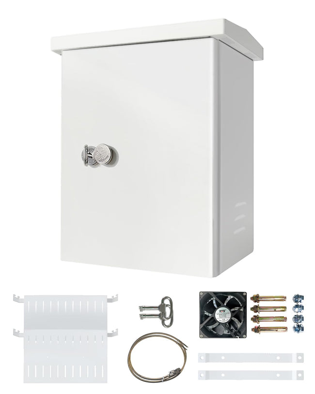 Outdoor Electrical Box Enclosure,19.7" x 13.8" x 9.4", 1.2mm Thick Galvanized Steel,Integrated Ventilation & Cooling Fan,Secure Weather-Resistant Project Box,Wall/Pole Mount Hover Image