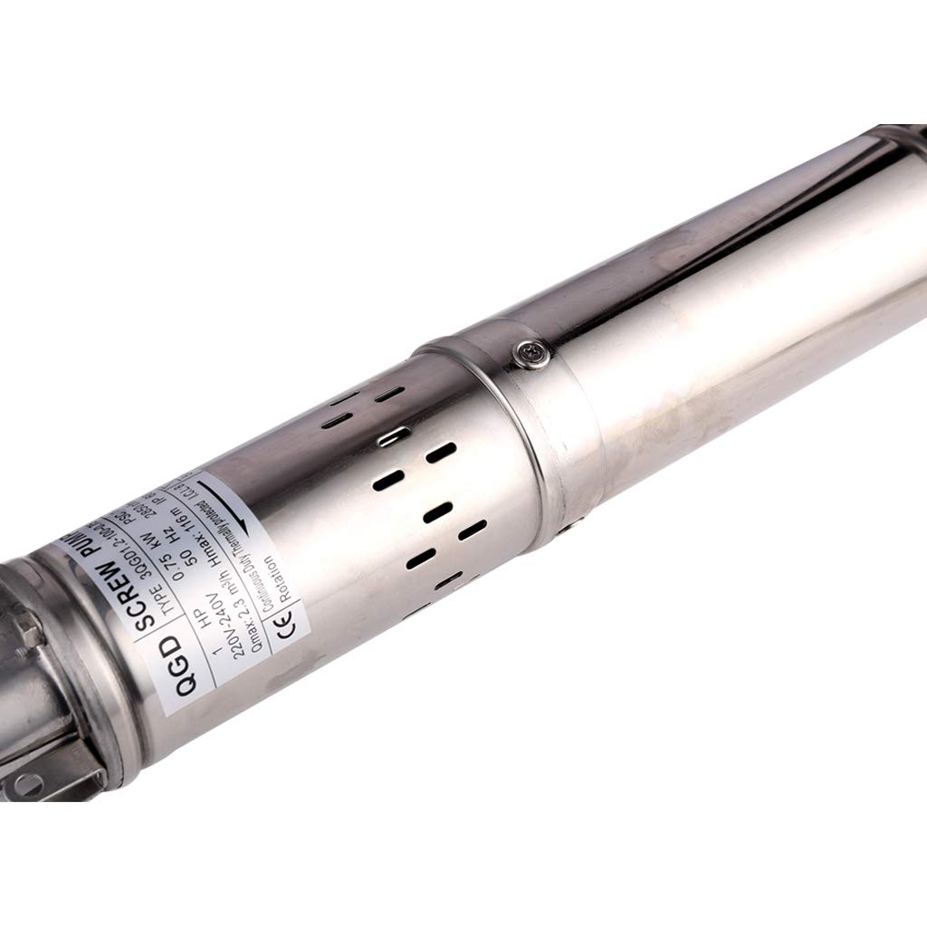 SHYLIYU 1HP 3" OD Pipe Stainless Steel Submersible Deep Well Pump 328FT 1" Outlet 0.75KW 80mm Bore Screw Water Pumps for Industrial and Home Garden Use,220V/50Hz