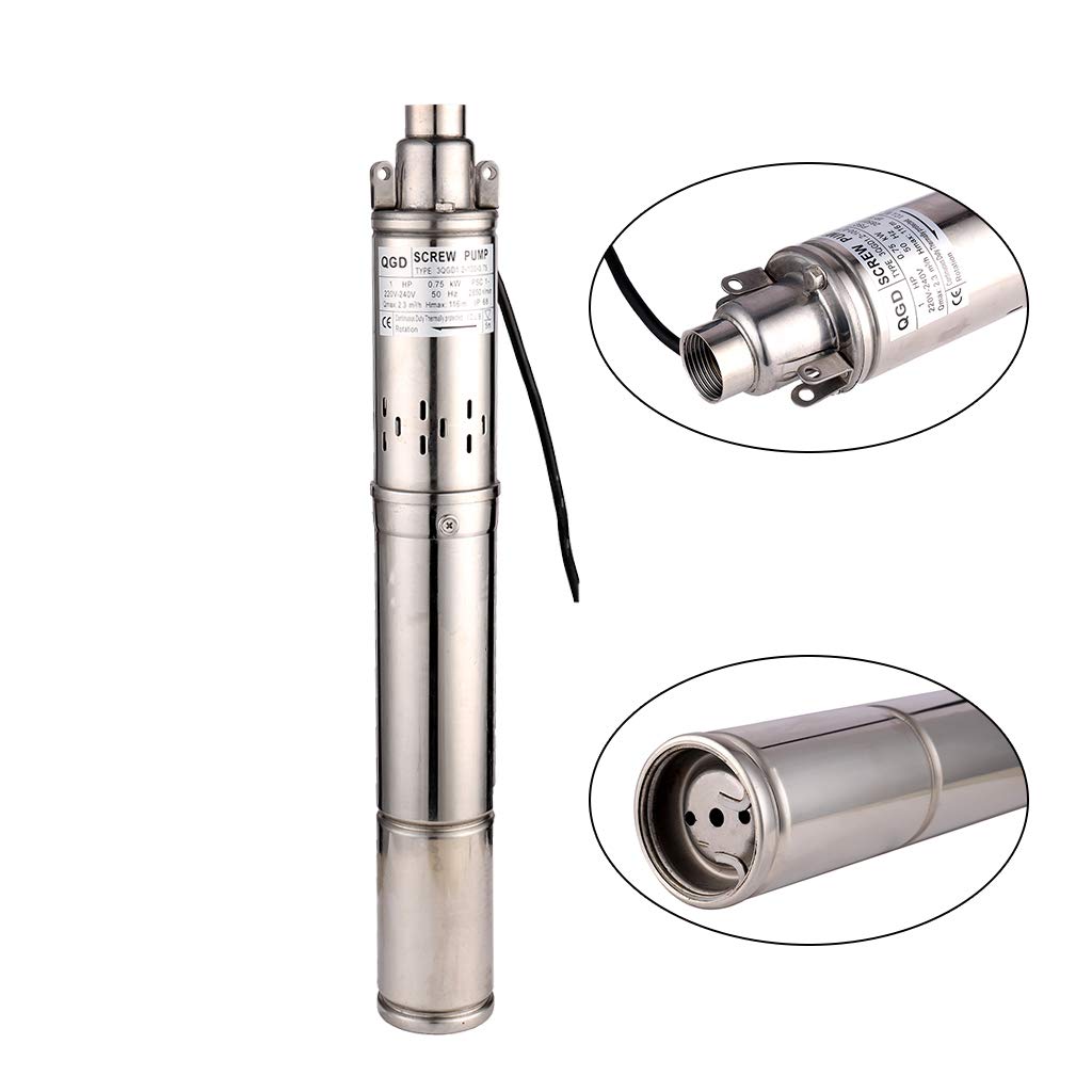 SHYLIYU 1HP 3" OD Pipe Stainless Steel Submersible Deep Well Pump 328FT 1" Outlet 0.75KW 80mm Bore Screw Water Pumps for Industrial and Home Garden Use,220V/50Hz