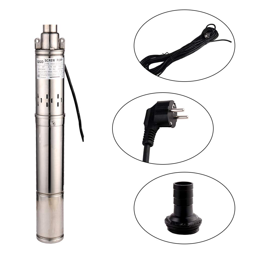 SHYLIYU 1HP 3" OD Pipe Stainless Steel Submersible Deep Well Pump 328FT 1" Outlet 0.75KW 80mm Bore Screw Water Pumps for Industrial and Home Garden Use,220V/50Hz