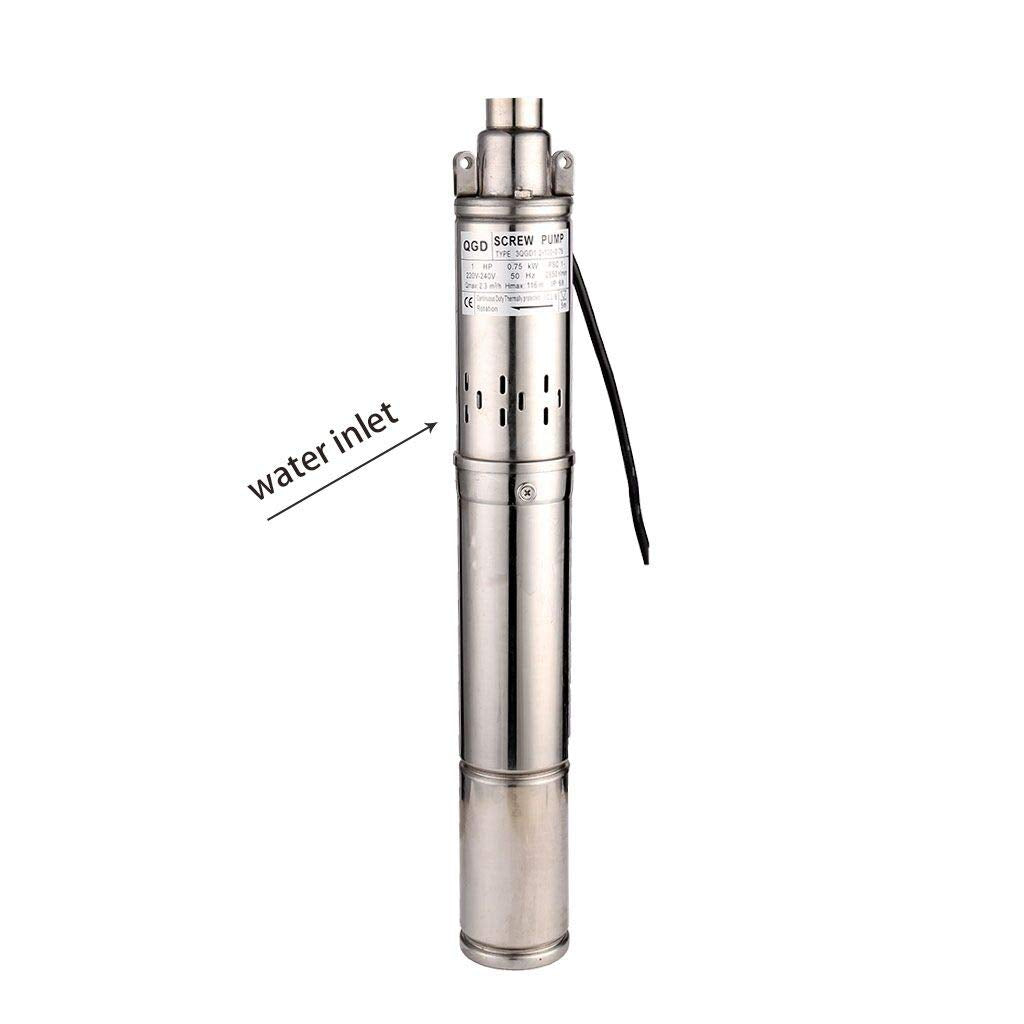 SHYLIYU 1HP 3" OD Pipe Stainless Steel Submersible Deep Well Pump 328FT 1" Outlet 0.75KW 80mm Bore Screw Water Pumps for Industrial and Home Garden Use,220V/50Hz