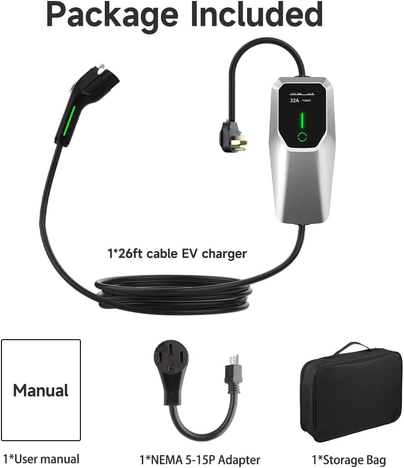 Level 1 2 Electric Vehicle Charger 26ft EV Portable Charging Cable with NEMA 14-50/5-15 Plug 7.68Kw 32A Current Adjustable EV & Plug-in Hybrid Car Charger for SAE_J1772
