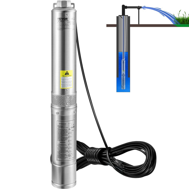 VEVOR Deep Well Submersible Pump, 1HP 115V/60Hz, 37gpm Flow 207ft Head, with 33ft Electric Cord, 4" Stainless Steel Water Pump for Industrial, Irrigation&Home Use, IP68 Waterproof Grade Hover Image