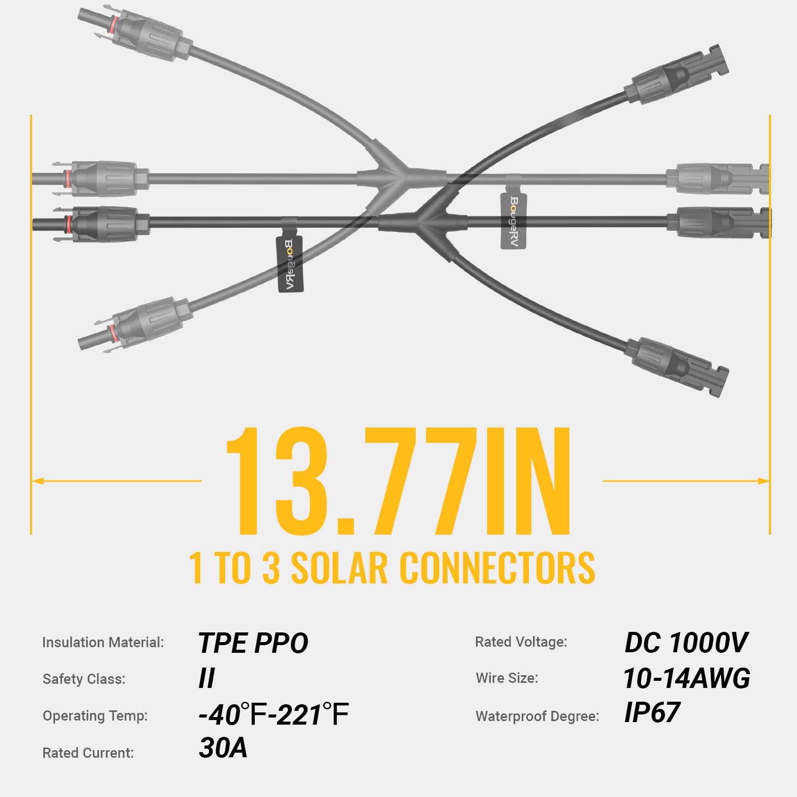 BougeRV Solar Y Branch Connectors Solar Panel Parallel Connectors 1 to 3 Solar Cable Wire Plug Tool Kit (M/FFF and F/MMM)