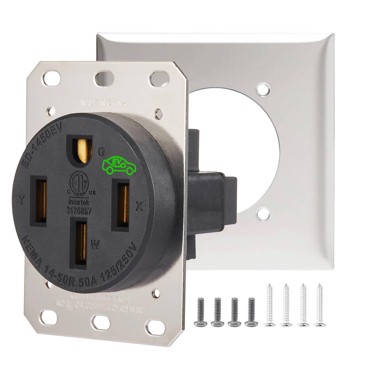 50 Amp EV Charging Outlet, NEMA 14-50R Heavy Duty Receptacle, Allen Screws Wiring, Industrial Grade, 3-Pole, 4-Wire, 125/250VAC, Black, ETL Listed