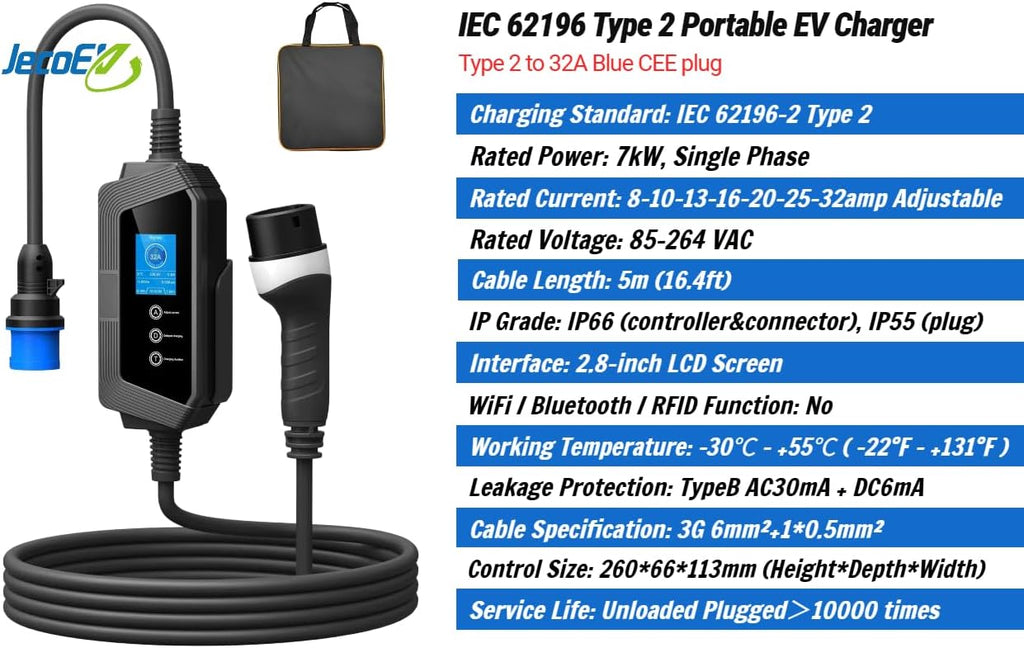 Type 2 Portable EV Charger, IEC 62196 EV Charging Station, 8-32amp Adjustable, 7kW Single Phase, 85-264V, Plug and Play, 5m(16.4ft)