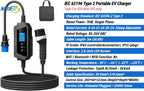 Type 2 Portable EV Charger, IEC 62196 EV Charging Station, 8-32amp Adjustable, 7kW Single Phase, 85-264V, Plug and Play, 5m(16.4ft)