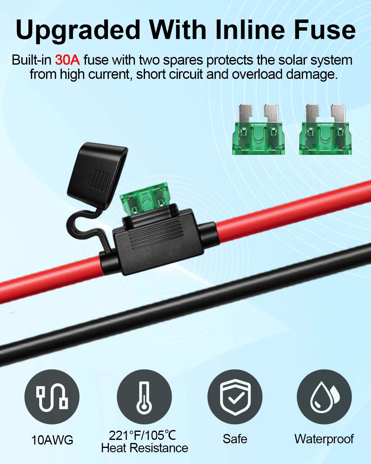KYN Design Solar Panel Connector to SAE Adapter Cable, 1FT 10AWG Solar Extension Cable with Fuse/SAE Polarity Reverse Adapter for RV Solar Panel Charger Kit
