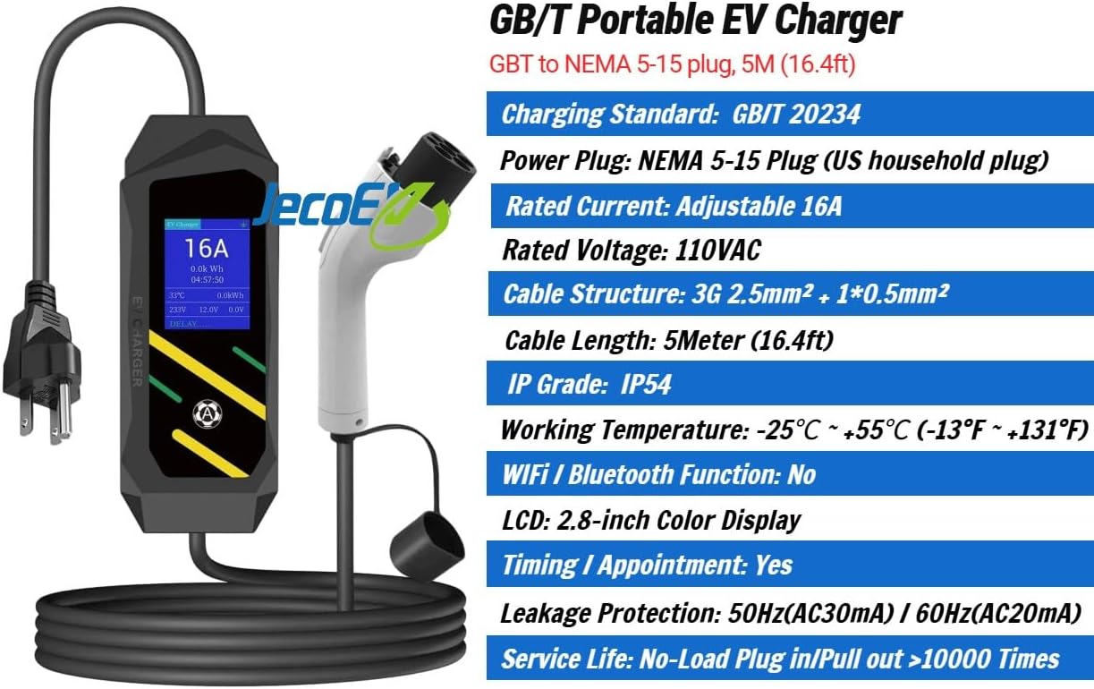 GB/T Portable EV Charger, NEMA 5-15 Plug, Adjustable 8-16A, 110V, LCD Display, 16.4ft Cable, Delayed Charging
