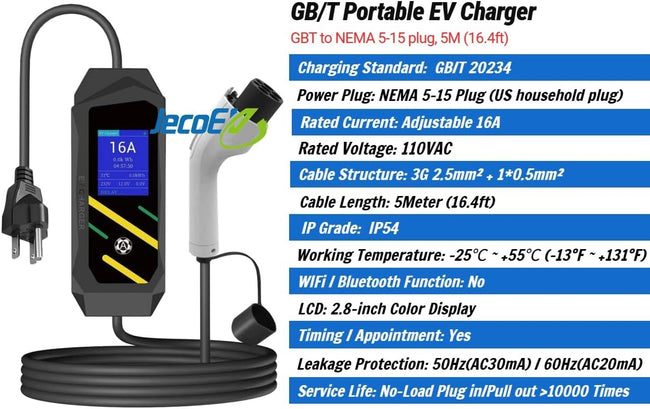 GB/T Portable EV Charger, NEMA 5-15 Plug, Adjustable 8-16A, 110V, LCD Display, 16.4ft Cable, Delayed Charging Main Image