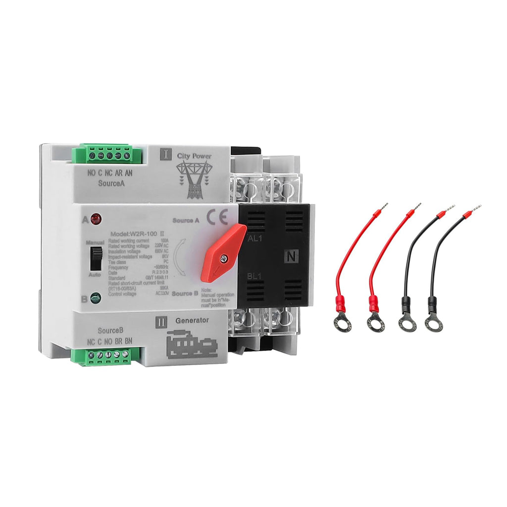 100Amp AC220V Automatic/Manual Transfer Switch 2P 50/60Hz, 2POLE 100A Mini ATS Auto Dual Power Switch W2R for Home Generator, Din Rail Mount Cn Automatic Changeover Fast Transfe for Solar,Rv,Lv Power