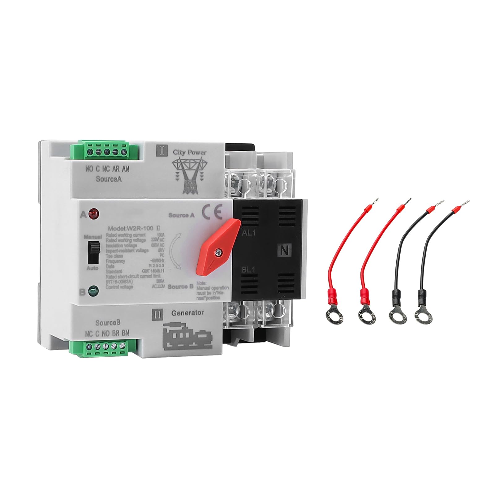100Amp AC220V Automatic/Manual Transfer Switch 2P 50/60Hz, 2POLE 100A Mini ATS Auto Dual Power Switch W2R for Home Generator, Din Rail Mount Cn Automatic Changeover Fast Transfe for Solar,Rv,Lv Power