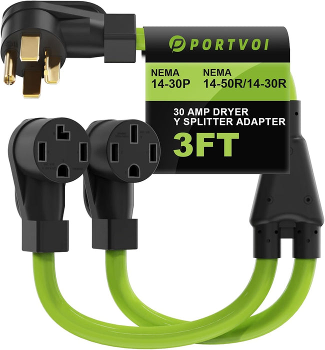 30 Amp 4 Prong Dryer Y Splitter to EV/RV Charging, NEMA 14-30P to 14-50R/14-30R 4-Prong Adapter Cable, Heavy-Duty 10 AWG 250V Power Cord for Dryer Outlet, 3ft, ETL Listed Hover Image