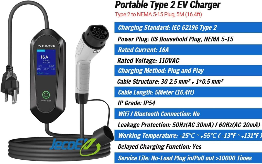Portable Electric Car Charger Type 2 with NEMA 5-15 Plug, 8-16Amp,110VAC, Delayed Charging 1-12hr, 5m(16.4ft)