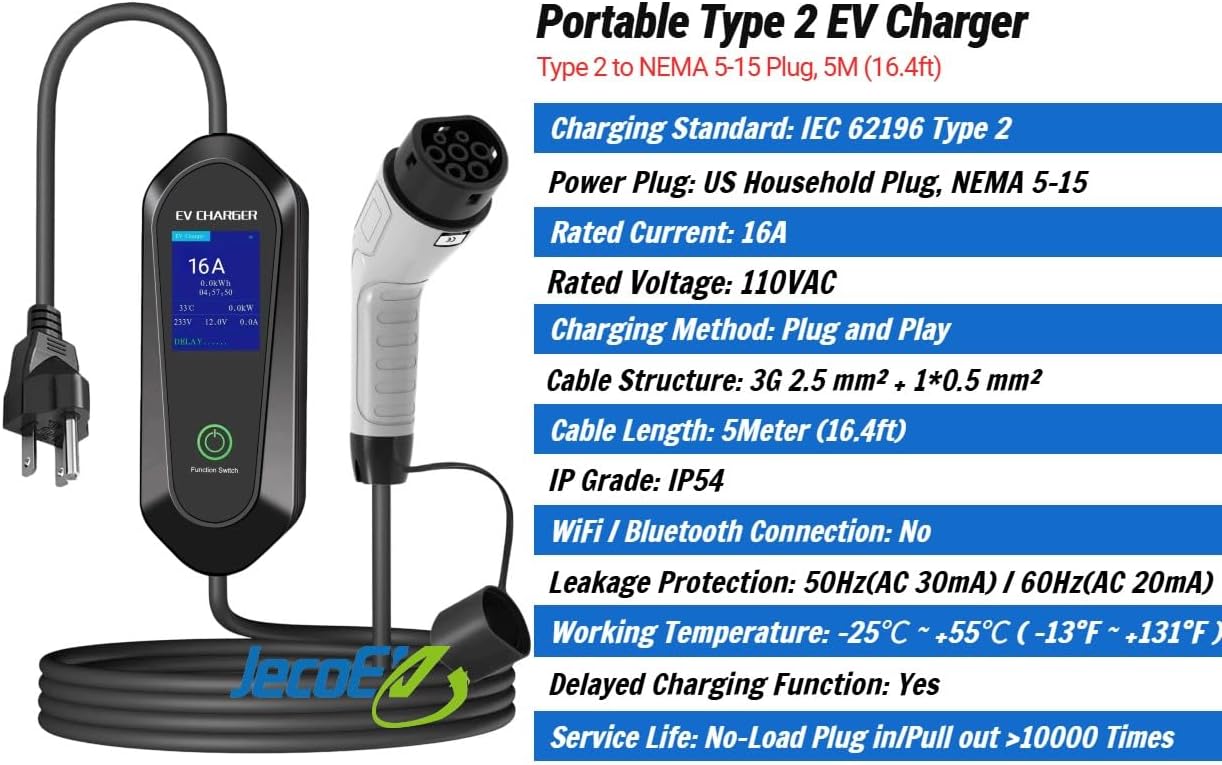 Portable Electric Car Charger Type 2 with NEMA 5-15 Plug, 8-16Amp,110VAC, Delayed Charging 1-12hr, 5m(16.4ft)