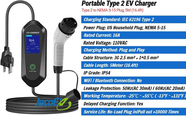 Portable Electric Car Charger Type 2 with NEMA 5-15 Plug, 8-16Amp,110VAC, Delayed Charging 1-12hr, 5m(16.4ft) Main Image