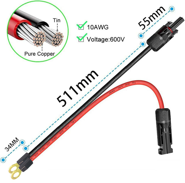 ZHOFONET Solar to O Ring Connecter,10AWG 60cm Solar Panel Adaptor Extension Cable,Solar Battery connectors for Solar Generator Inverter Battery Pack Charger Hover Image