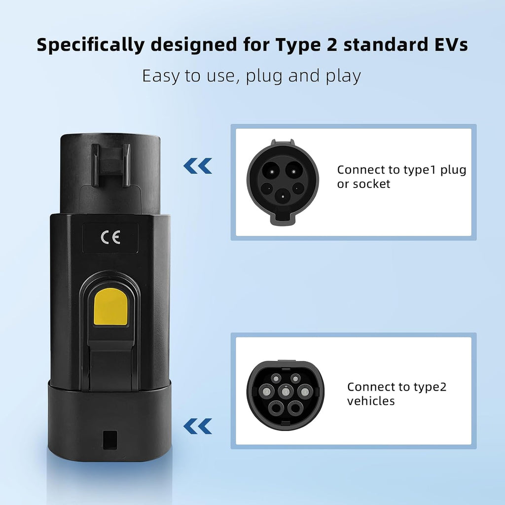Type 1 to Type 2 EV Charging Adapter 32A 7KW SAE J1772 Charger to IEC 62196 Electric Vehicles Charging Converter (Regular Version)