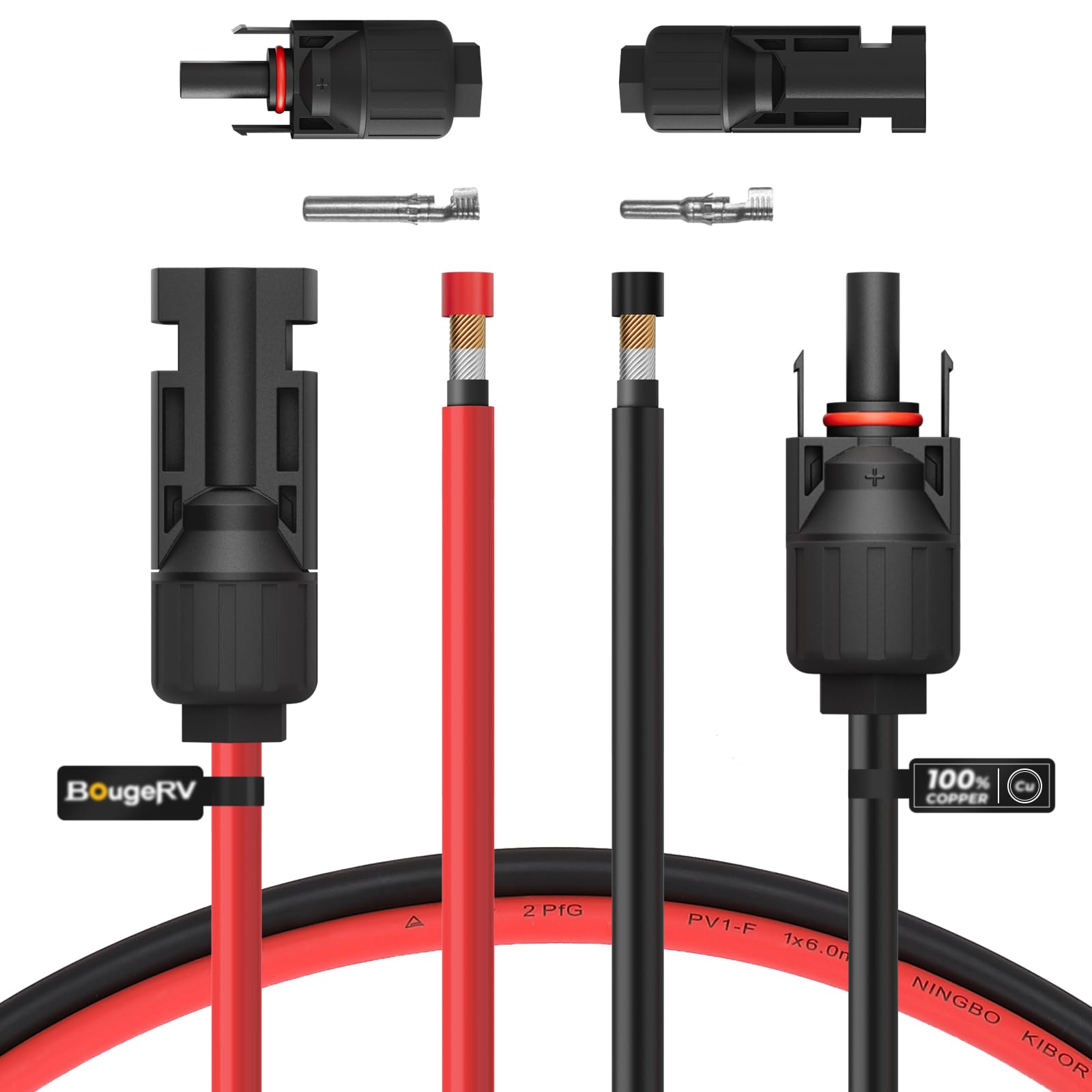 BougeRV 20 Feet 10AWG Solar Extension Cable with Female and Male Connector with Extra Pair of Connectors Solar Panel Adaptor Kit Tool (20FT Red + 20FT Black)