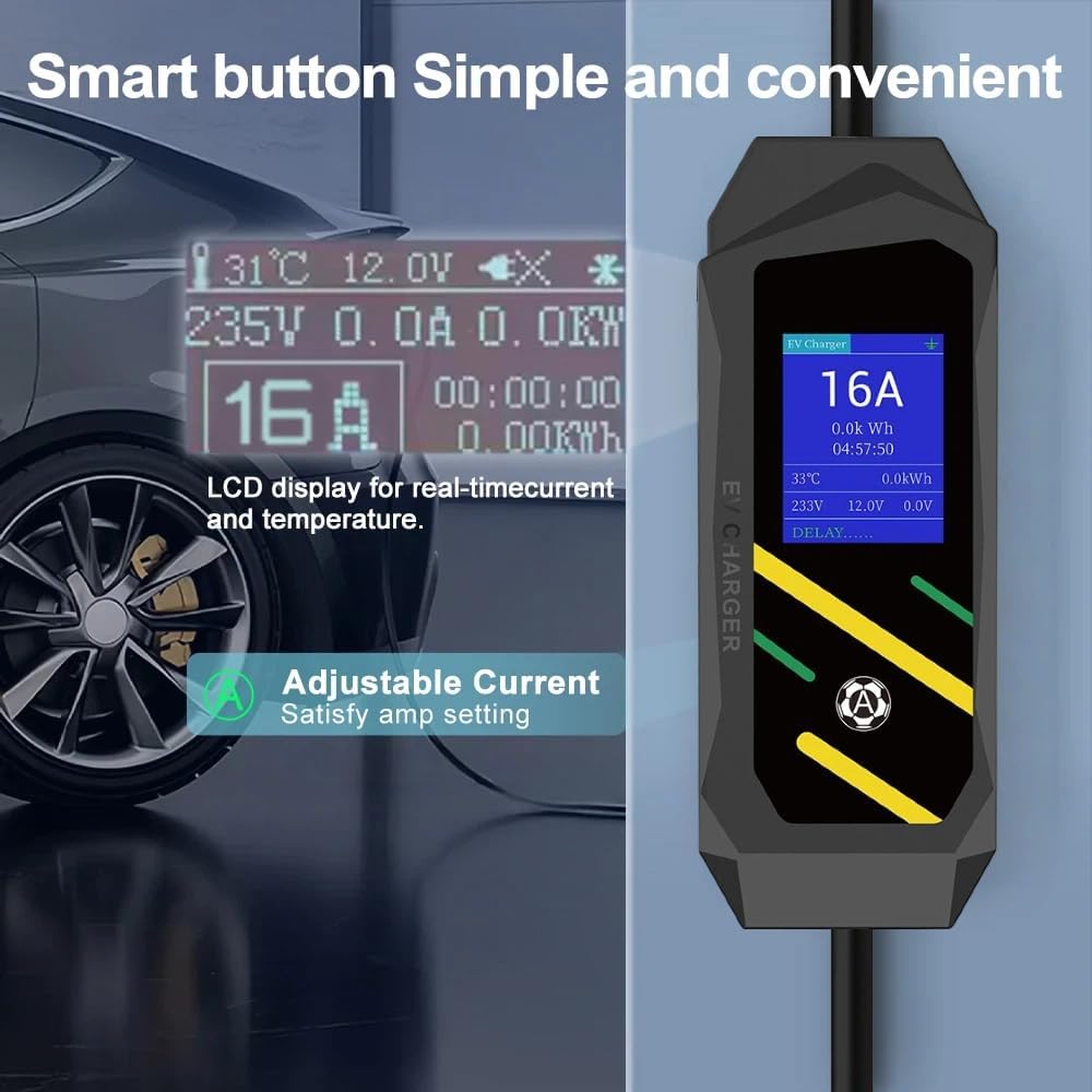 GB/T Portable EV Charger, NEMA 5-15 Plug, Adjustable 8-16A, 110V, LCD Display, 16.4ft Cable, Delayed Charging