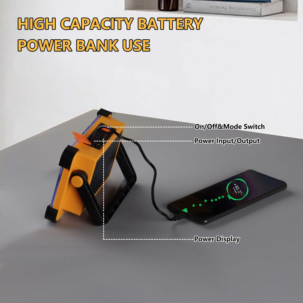 120W Solar Rechargeable Work Light, 144 LED 10000LM Portable Flood Light with Stand, IP66 Waterproof 4 Modes LED Job Site Lighting Flashlights for Mechanic Camping Fishing Car Repair
