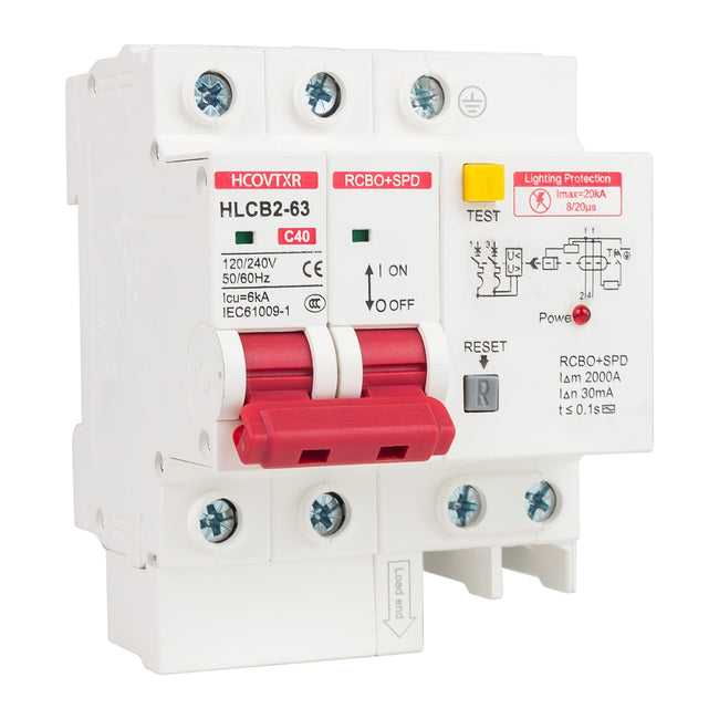 HCOVTXR 120V-240V Circuit Breaker with Leakage Protection,40 Amp RCBO and Surge Protector Breaker,DIN Rail Mount Ground Fault Circuit Breaker for Residential Industrial Outdoor Hover Image