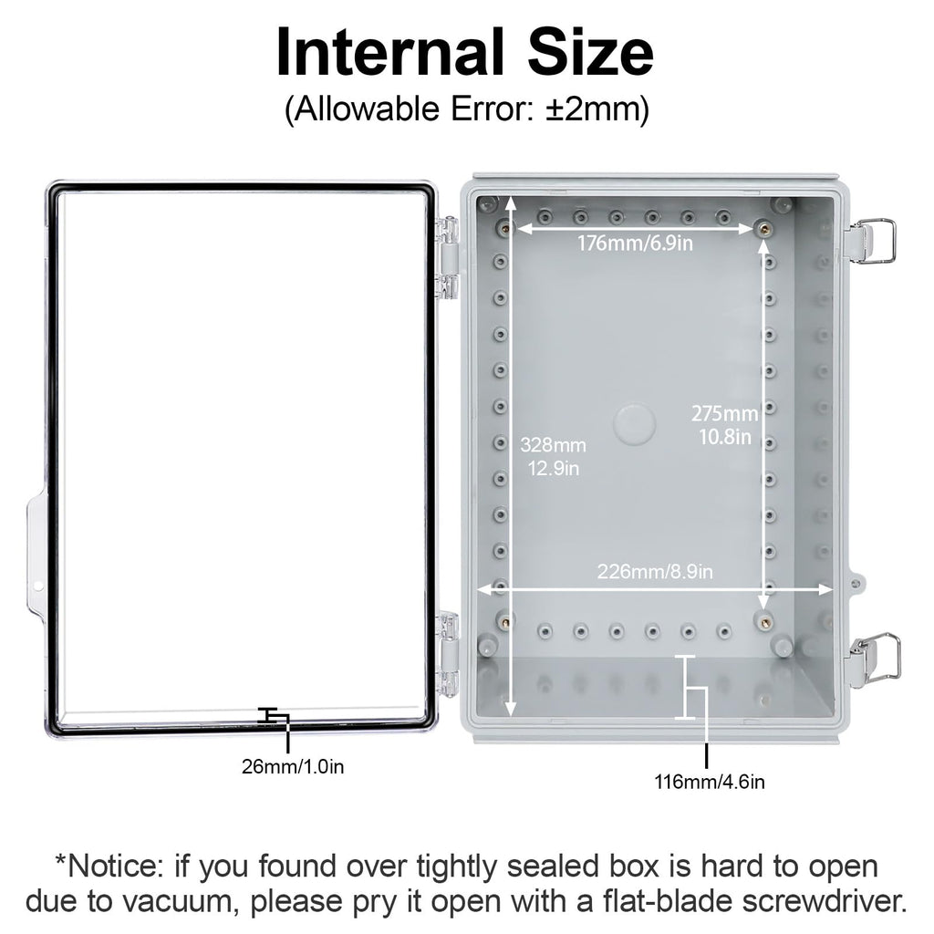 HoHaing Junction Box,IP67 Waterproof Electrical Box Hinged Clear Cover,Electrical Enclosure with Stainless Steel Latch,Terminal Box with Mounting Plate,Wire Connectors,Electrical Tapes,13.8"x9.8"x5.9"