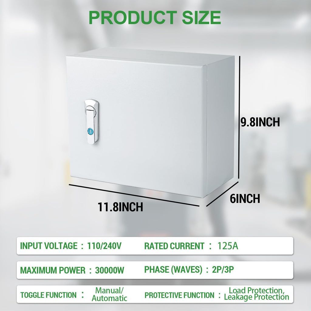 125 Amp 3P Dual Power Automatic Transfer Switch, 120/240V Generator Changeover Switch, with Metal Electrical Box for Outdoor and Indoor