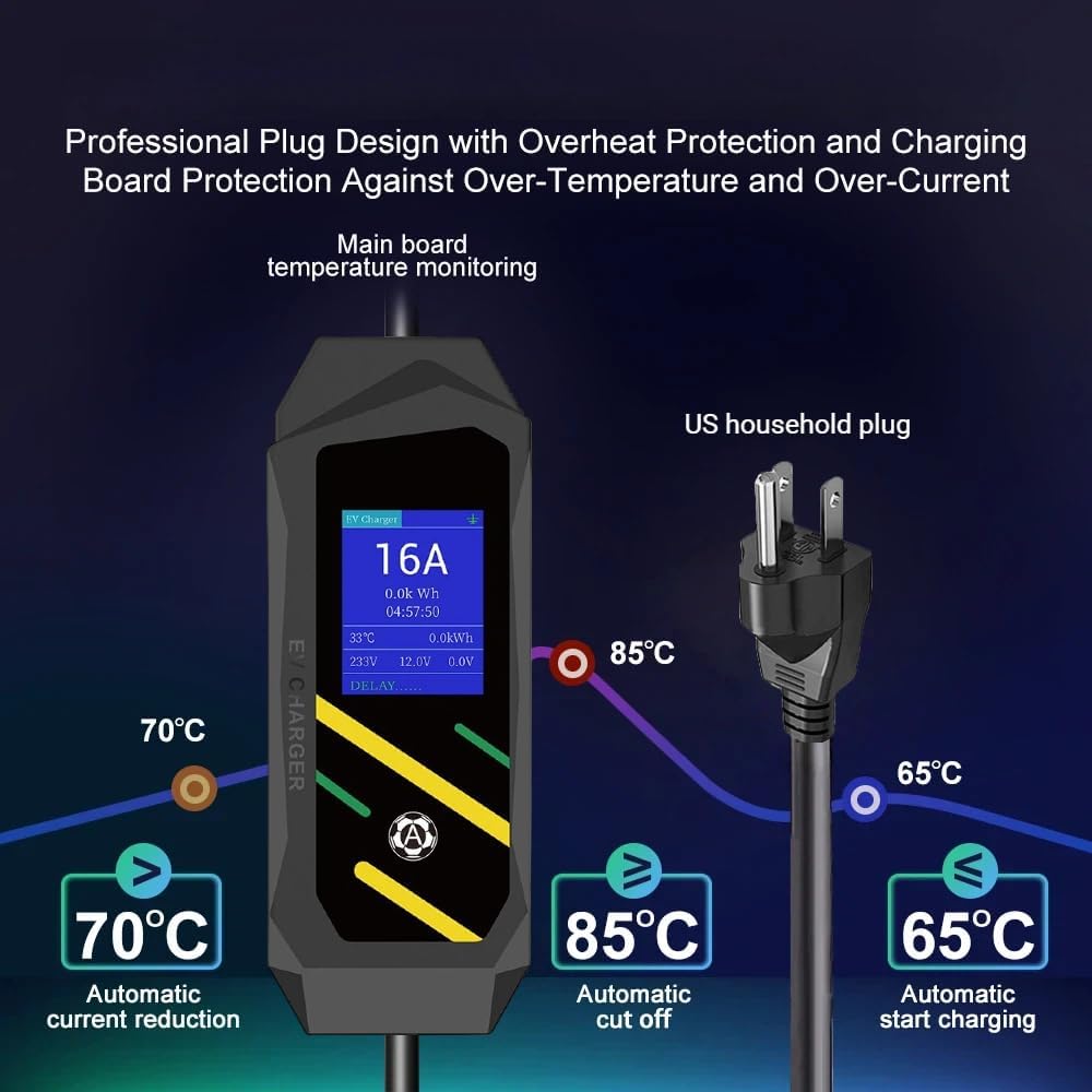 GB/T Portable EV Charger, NEMA 5-15 Plug, Adjustable 8-16A, 110V, LCD Display, 16.4ft Cable, Delayed Charging