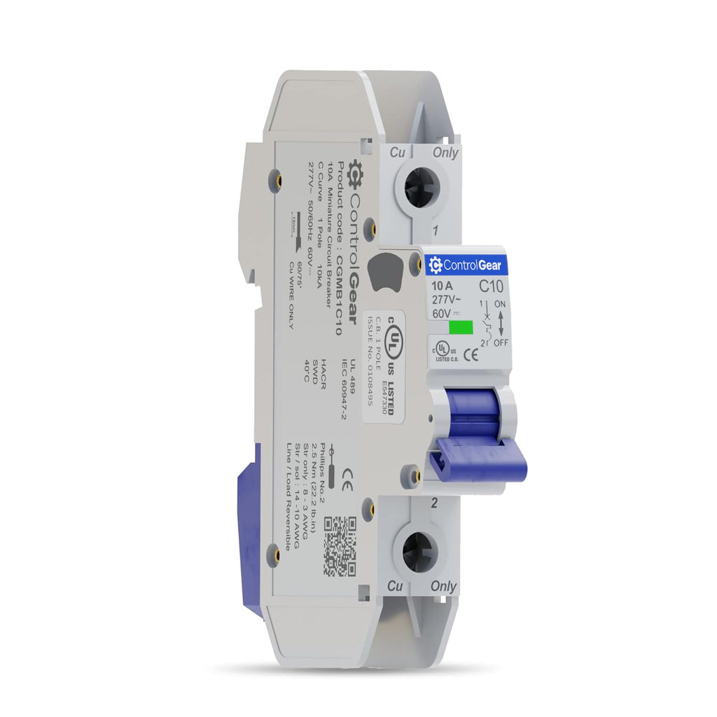 Mini Circuit Breaker UL489 Listed 10A C Curve 277VAC 60VDC 10kAIC DIN Rail Mount Non Polarized MCB Branch Circuit Protection, ControlGear CGMB1C10 (1 Pole CTrip 10 Amp)