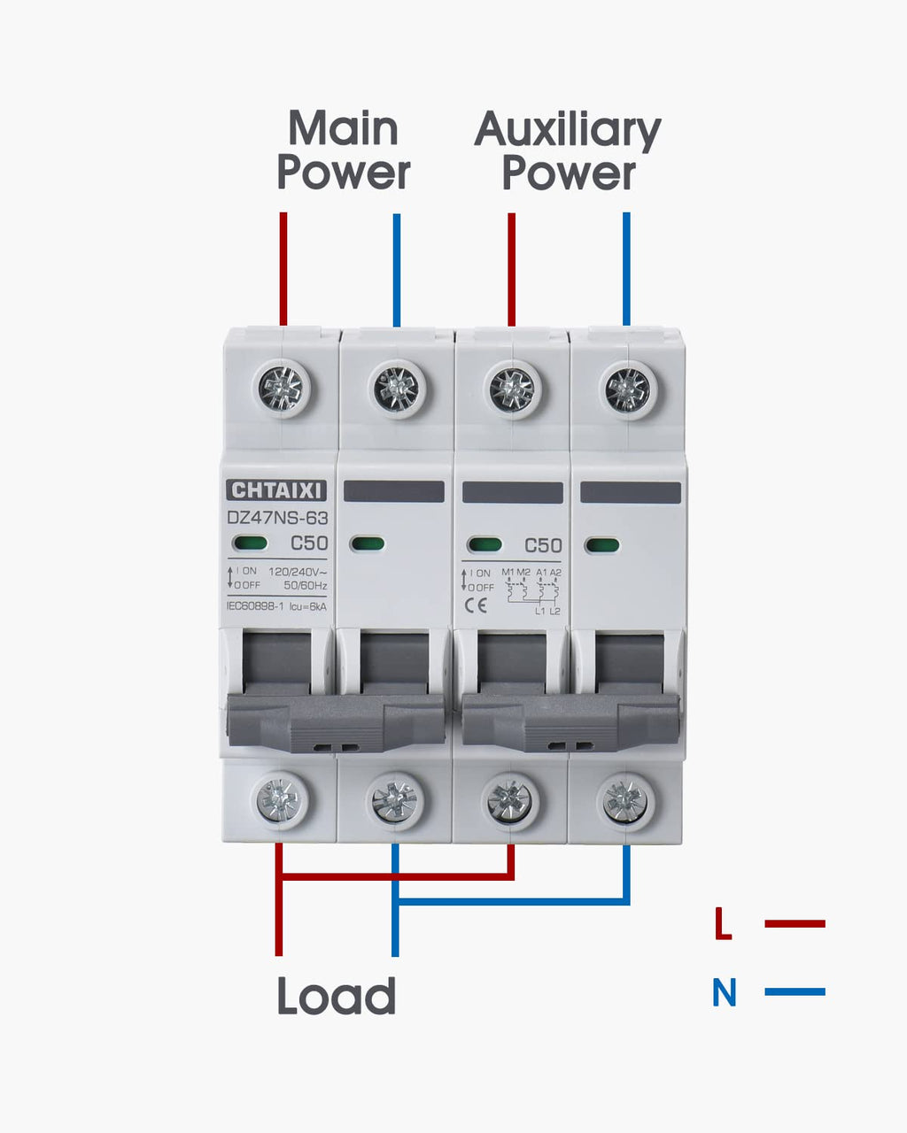 Chtaixi Manual Transfer Switch, 50 Amp 120V/240V AC Dual 2-Pole DIN Rail Mount RV Transfer Switch, Single-Side Interlock Circuit Breaker MTS D2P C50