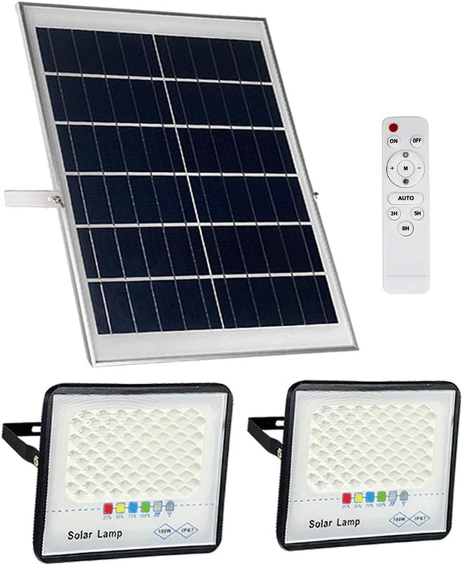 2 Pack 100W LED Solar Flood Lights Outdoor with Remote,Dusk to Dawn Solar Security Street Light Waterproof IP67 for Fence,Garden,Pool,Barn,Lawn,Flag Pole White Hover Image