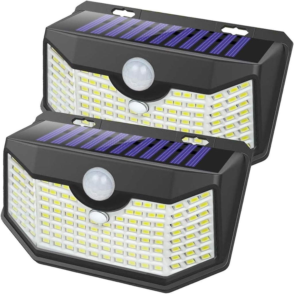 HMCITY Solar Lights Outdoor 120 LED with 3 Lighting Modes, Motion Sensor Wall Lights,IP65 Waterproof Solar Powered for Garden Patio Yard (Back Button 2Packs, Black Shell-Daylight White)