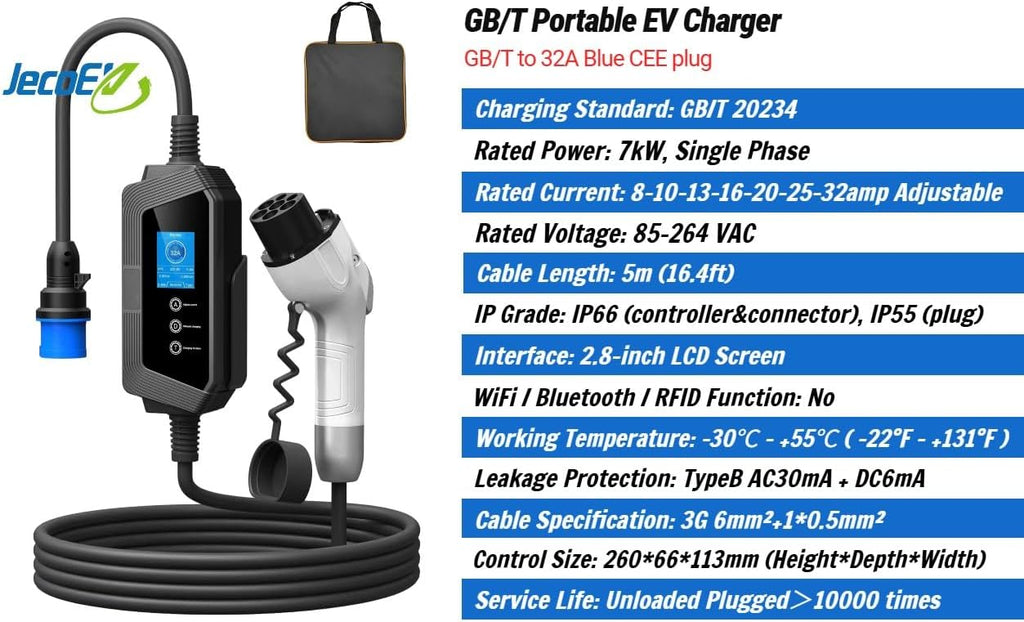 GB/T Portable EV Charger, 8-32amp Adjustable, 7kW Single Phase, 85-264V, Plug and Play, 5m(16.4ft)