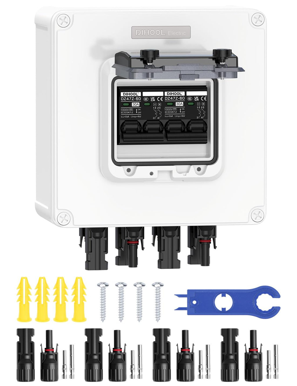 DIHOOL Solar Panel Disconnect Switch 4 String 30 Amp DC Circuit Breaker Box 4 in 4 Out Solar Combiner Box