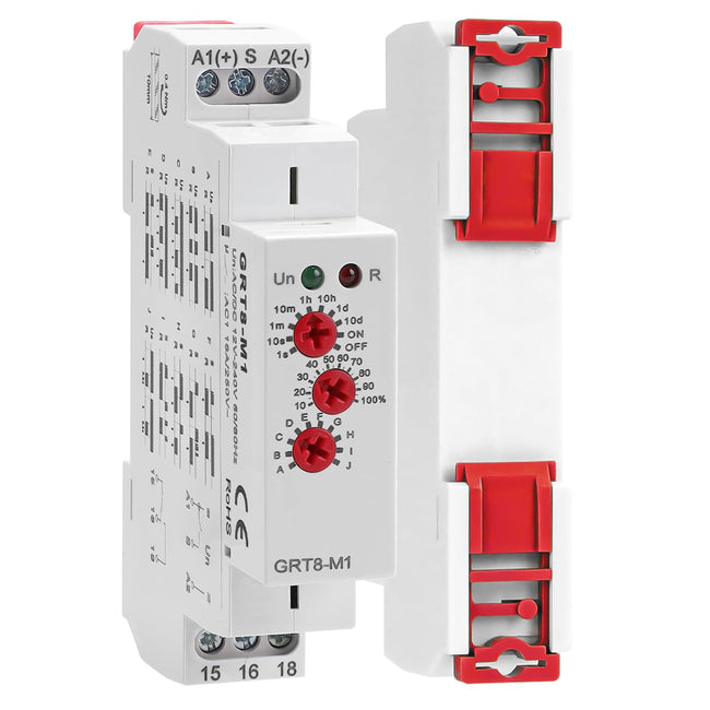 Multifunction Time Delay Relays AC DC 12V-240 Volt, 16A Mini Adjustable Timer Switch ON Off GRT8-M1, with 10 Electrical Timers Relay Control Delay Function for 1 Minute to 10 Days, DIN Rail Mount Hover Image