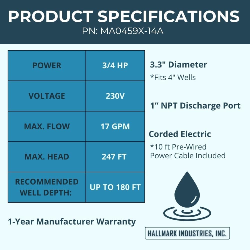 Hallmark Industries MA0459X-14A Deep Well Pump, 3" (3.3 Max), 3/4 HP, 230V/60Hz/1Ph, 14 Stage, 270' Head, 13 GPM, 1"Npt, Stainless Steel Shell