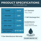 Hallmark Industries MA0459X-14A Deep Well Pump, 3" (3.3 Max), 3/4 HP, 230V/60Hz/1Ph, 14 Stage, 270' Head, 13 GPM, 1"Npt, Stainless Steel Shell