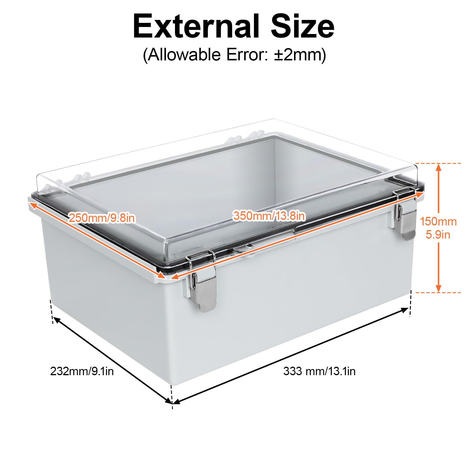 HoHaing Junction Box,IP67 Waterproof Electrical Box Hinged Clear Cover,Electrical Enclosure with Stainless Steel Latch,Terminal Box with Mounting Plate,Wire Connectors,Electrical Tapes,13.8"x9.8"x5.9"