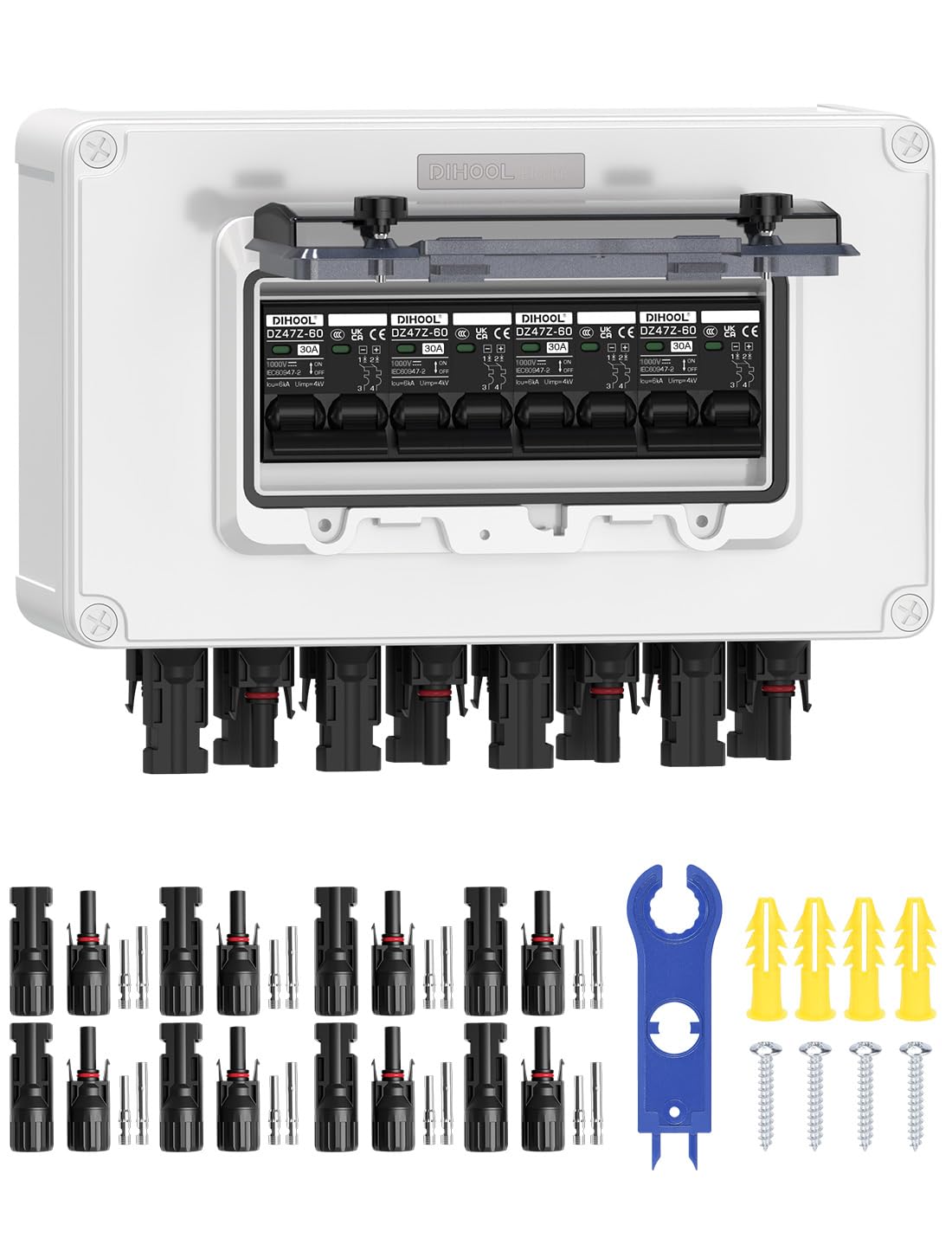 DIHOOL Solar Panel Disconnect Switch 4 String 30 Amp DC Circuit Breaker Box 4 in 4 Out Solar Combiner Box
