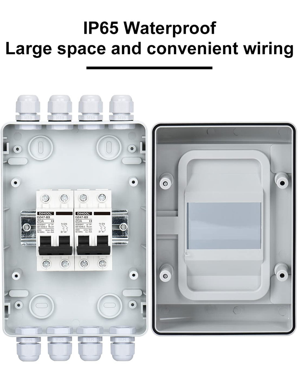 DIHOOL DC Circuit Breaker Box Cover with UV-Proof, 20 Amp Electrical Power Distribution Box 2 in 2 Out, PV Solar Disconnect Switch