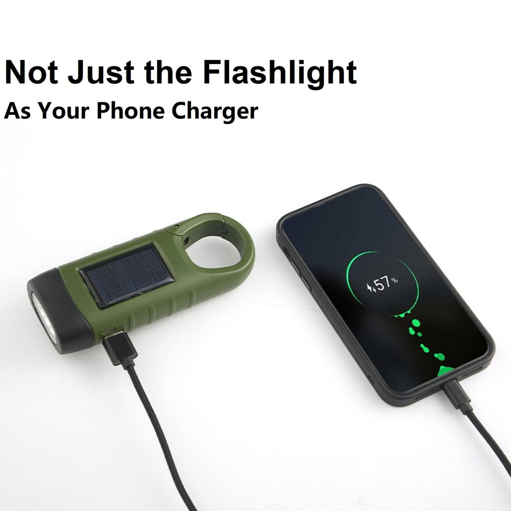 EKNBKE Hand Crank Solar LED Emergency Flashlight, Portable Mini Handheld Survival Light with USB Output for Camping Outdoor Hiking, Green
