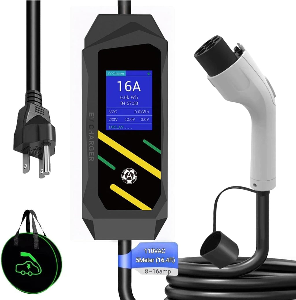 GB/T Portable EV Charger, NEMA 5-15 Plug, Adjustable 8-16A, 110V, LCD Display, 16.4ft Cable, Delayed Charging