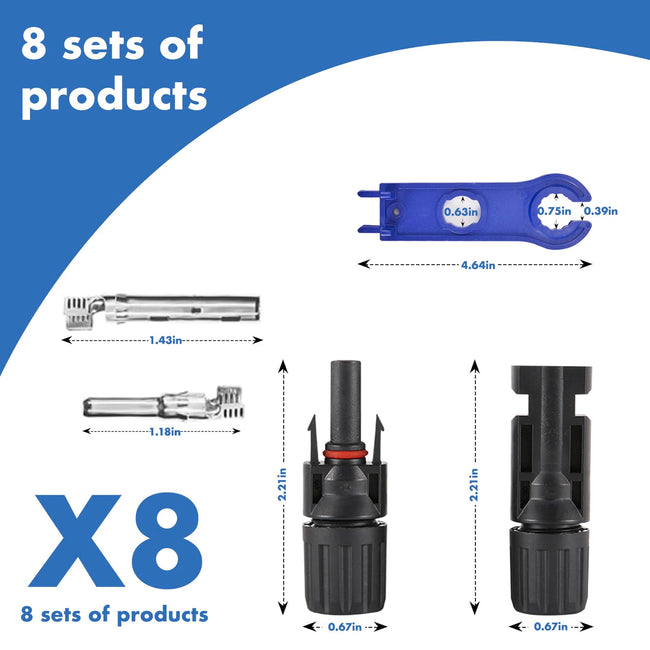 Usngsny 16 PCS Solar Panel Connectors, Male/Female IP67 Waterproof 1000V 30A Solar Cable Connectors (8 Pairs) with 2 Spanners（10AWG） Main Image