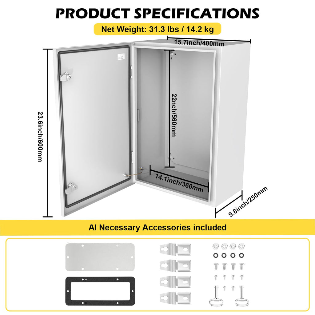 OPYRET Electrical Junction Box, 24"x16"x10" NEMA Steel Enclosure IP66 Waterproof & Dustproof Outdoor/Indoor Electrical Project Box with Mounting Plate